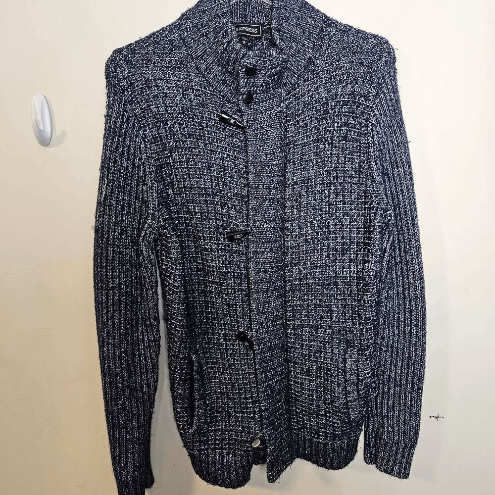 Express Shawl Collar Mock Neck Zip Duffle Toggle Chunky Knit Cardigan Sweater Me